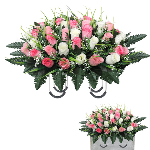 Lodou headstone front view showing full pink and white floral saddle beauty