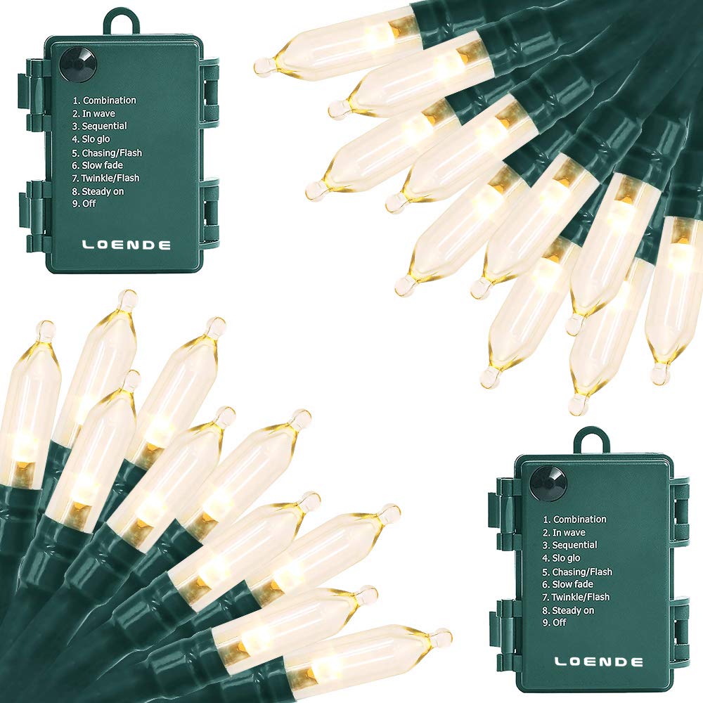 LOENDE front view of packaged 2-pack string lights showing length and LEDs, easy setup benefit