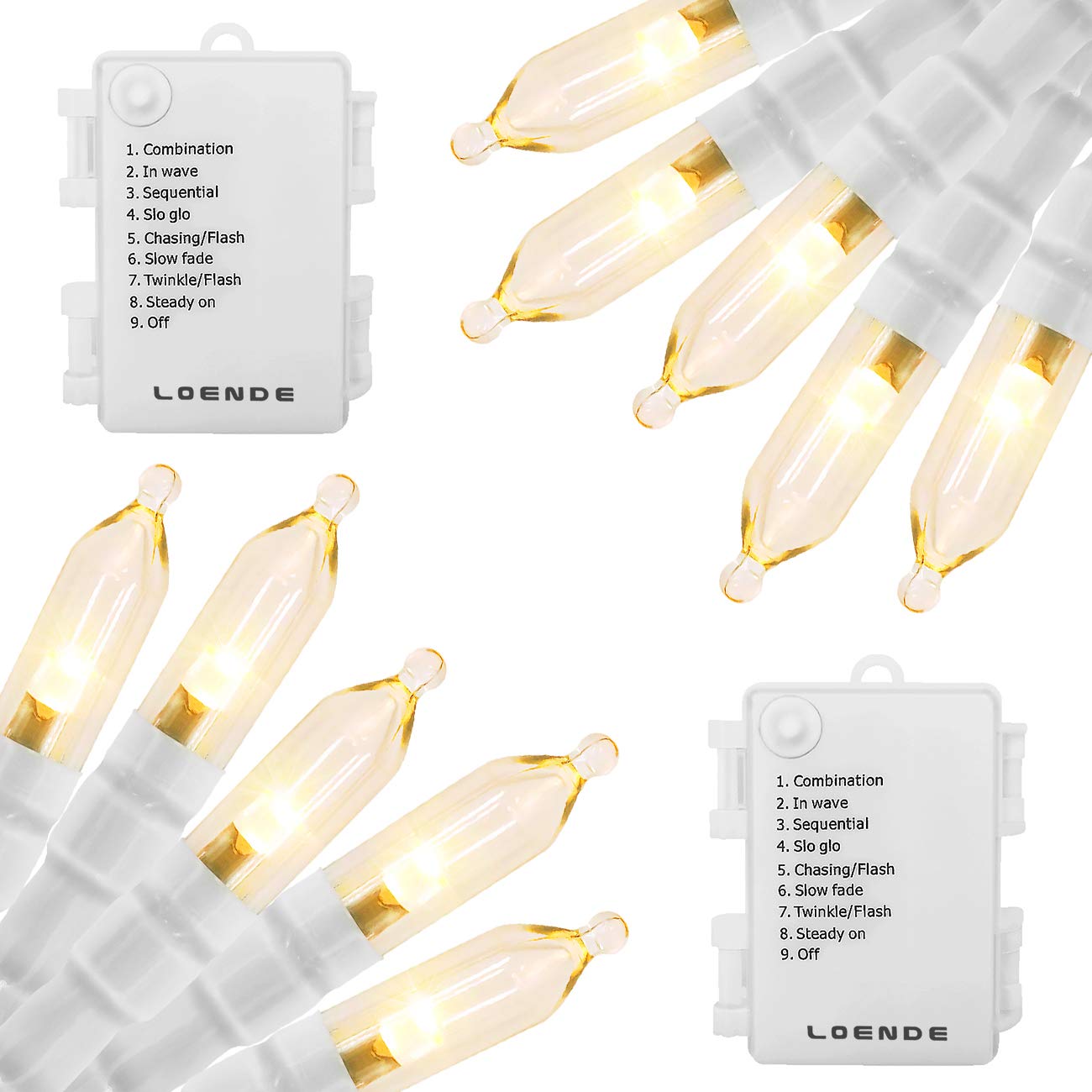 LOENDE front view packaged lights showing two 18ft strands and benefits of ready-to-use décor
