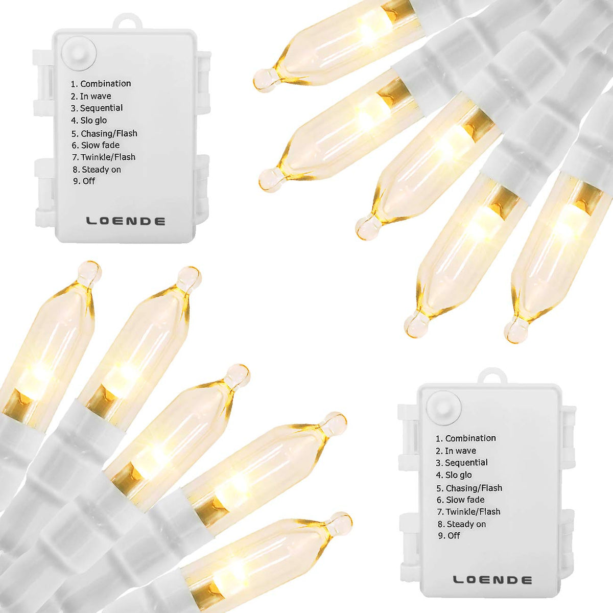 LOENDE front view packaged lights showing two 18ft strands and benefits of ready-to-use décor