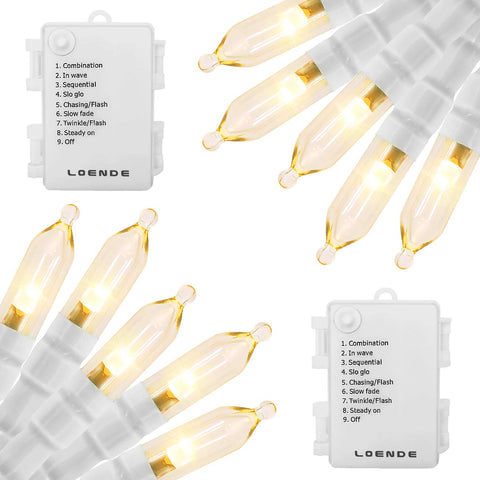 LOENDE front view packaged lights showing two 18ft strands and benefits of ready-to-use décor