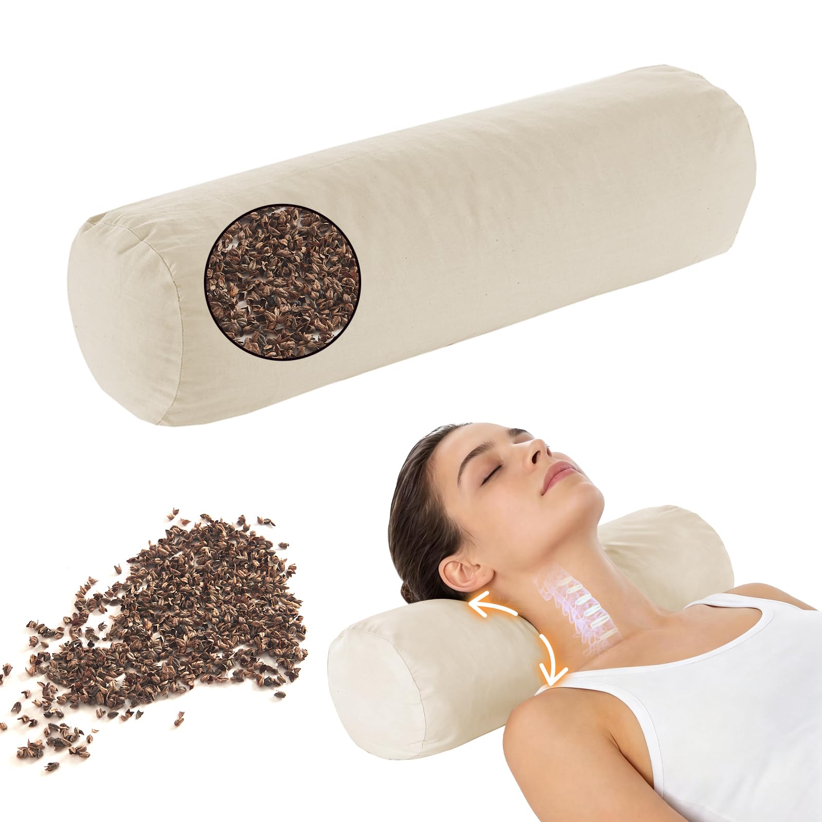 LOFE front view of cylindrical neck pillow showing firm support