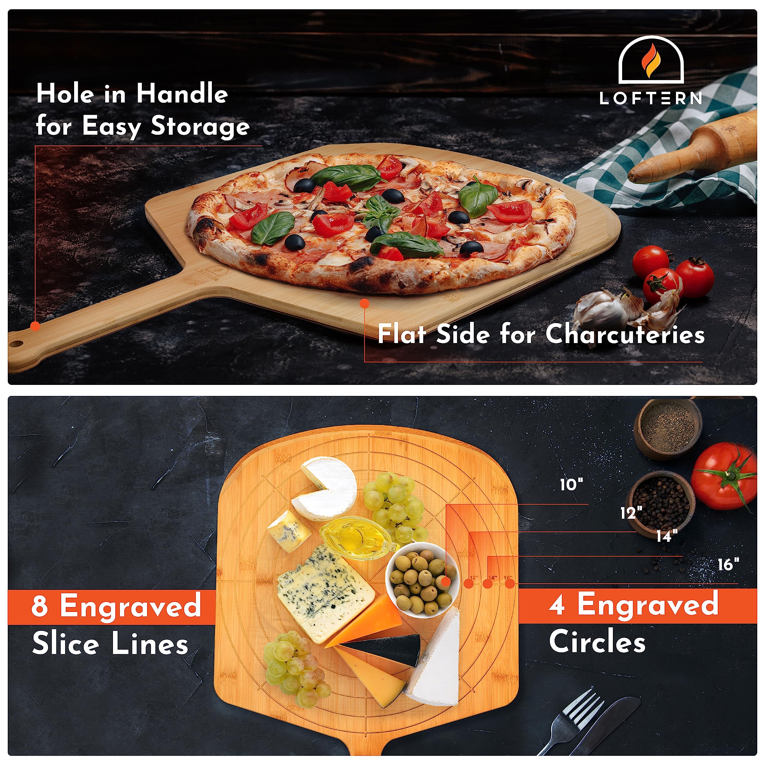 Close-up of Loftern engraved size circles and slice guide for precise pizza sizing