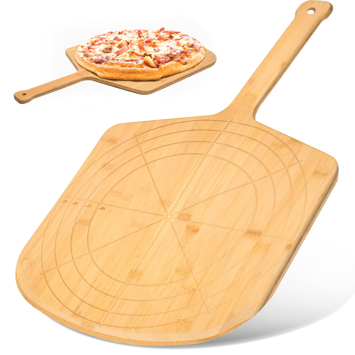 Loftern front view of pizza peel showing full paddle and engraved guides for easy prep