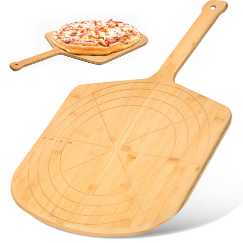 Loftern front view of pizza peel showing full paddle and engraved guides for easy prep