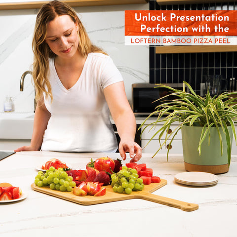 Loftern peel next to a 16-inch pizza to show scale and fit for accurate sizing
