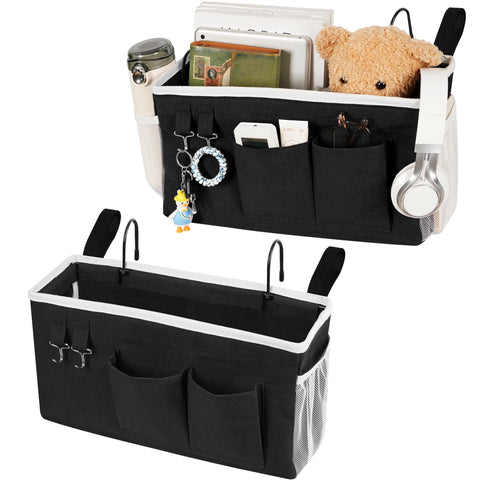 Loghot front view of hanging bedside caddy showing pockets and neat storage benefit