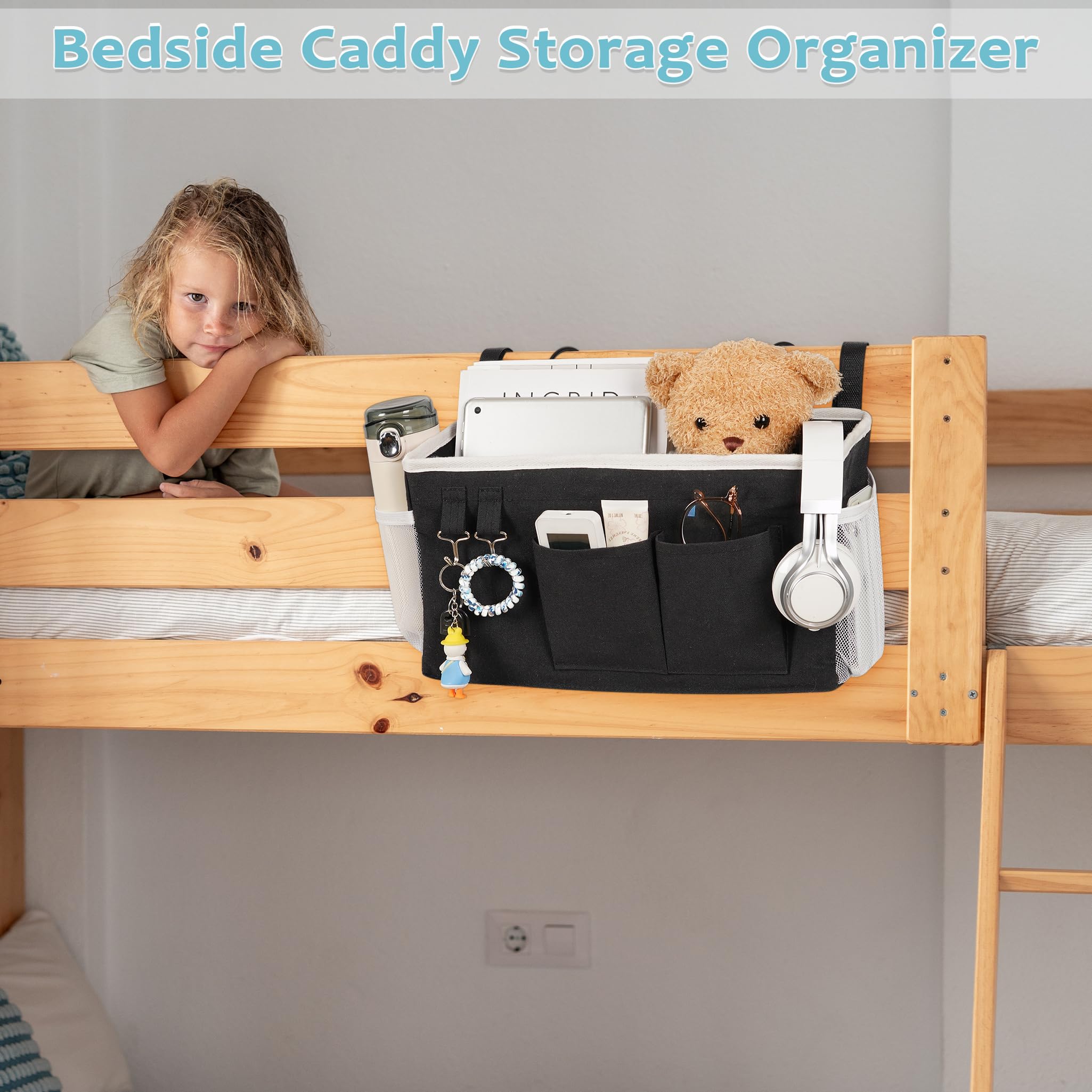 Loghot image of hooks and mesh pockets organizing cables and keys for convenience