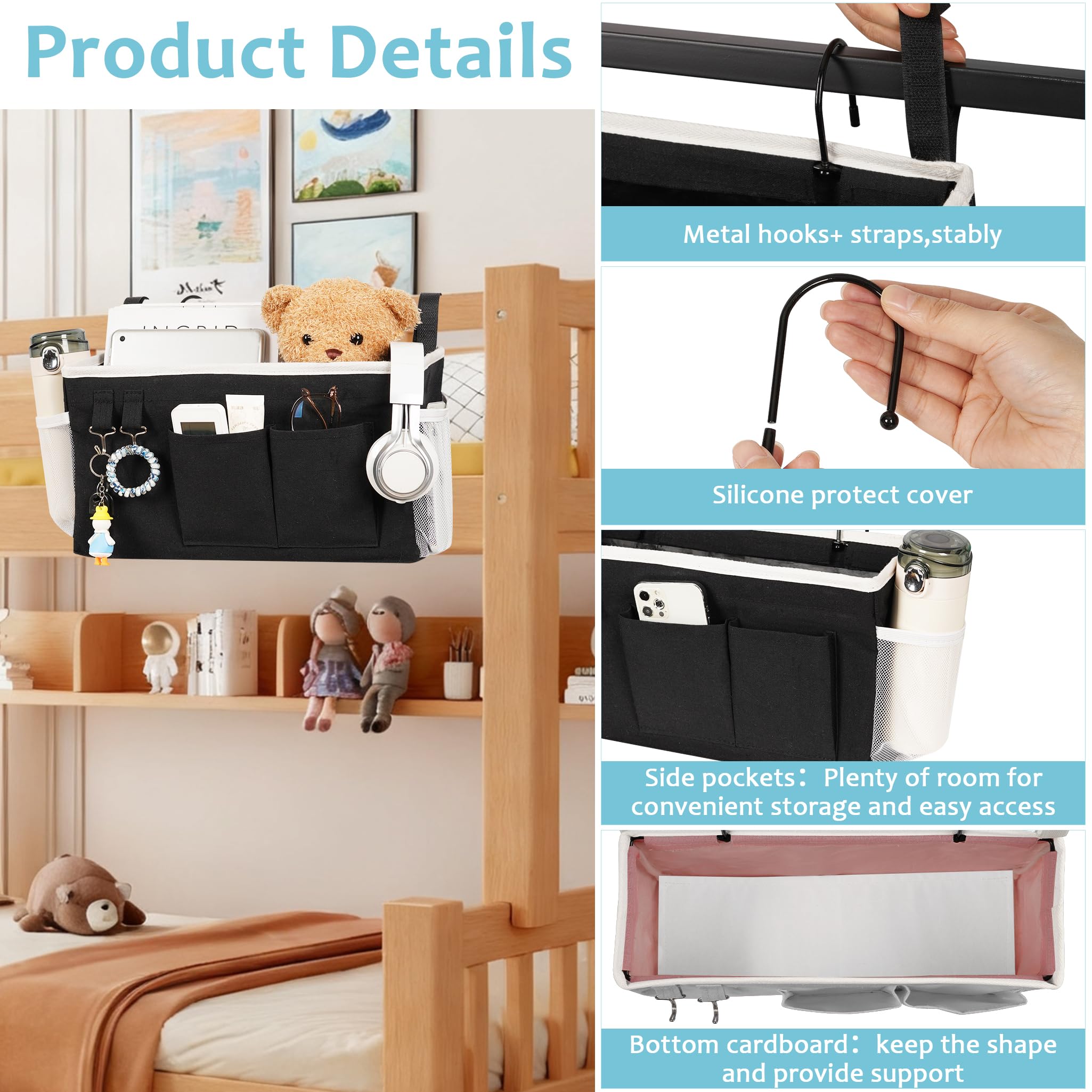 Loghot caddy hooked to a bunk bed rail keeping books and bottle within reach