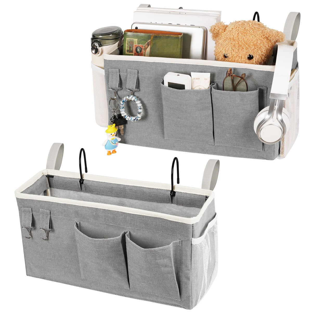 Loghot front view of bedside caddy showing pockets and compact design benefit