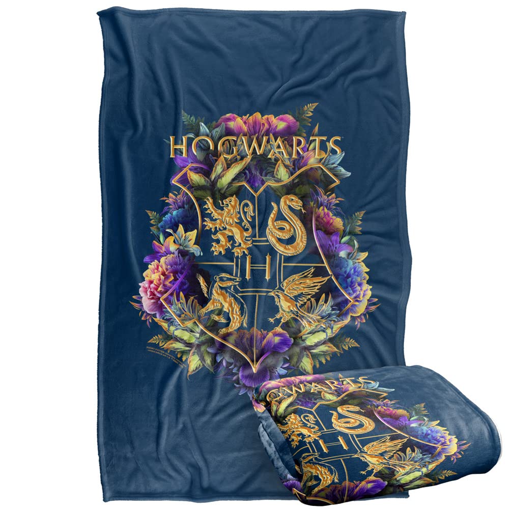 LOGOVISION Harry Potter blanket front view showing floral Hogwarts crest for display appeal
