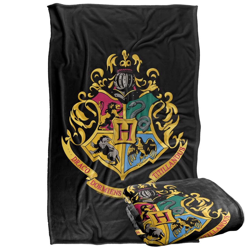 LOGOVISION blanket front view showing Hogwarts crest and black background, stylish display benefit