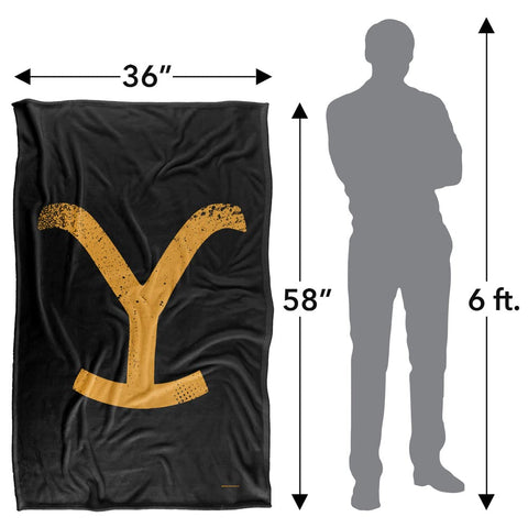 LOGOVISION Yellowstone blanket beside book showing 36x58 scale and portability