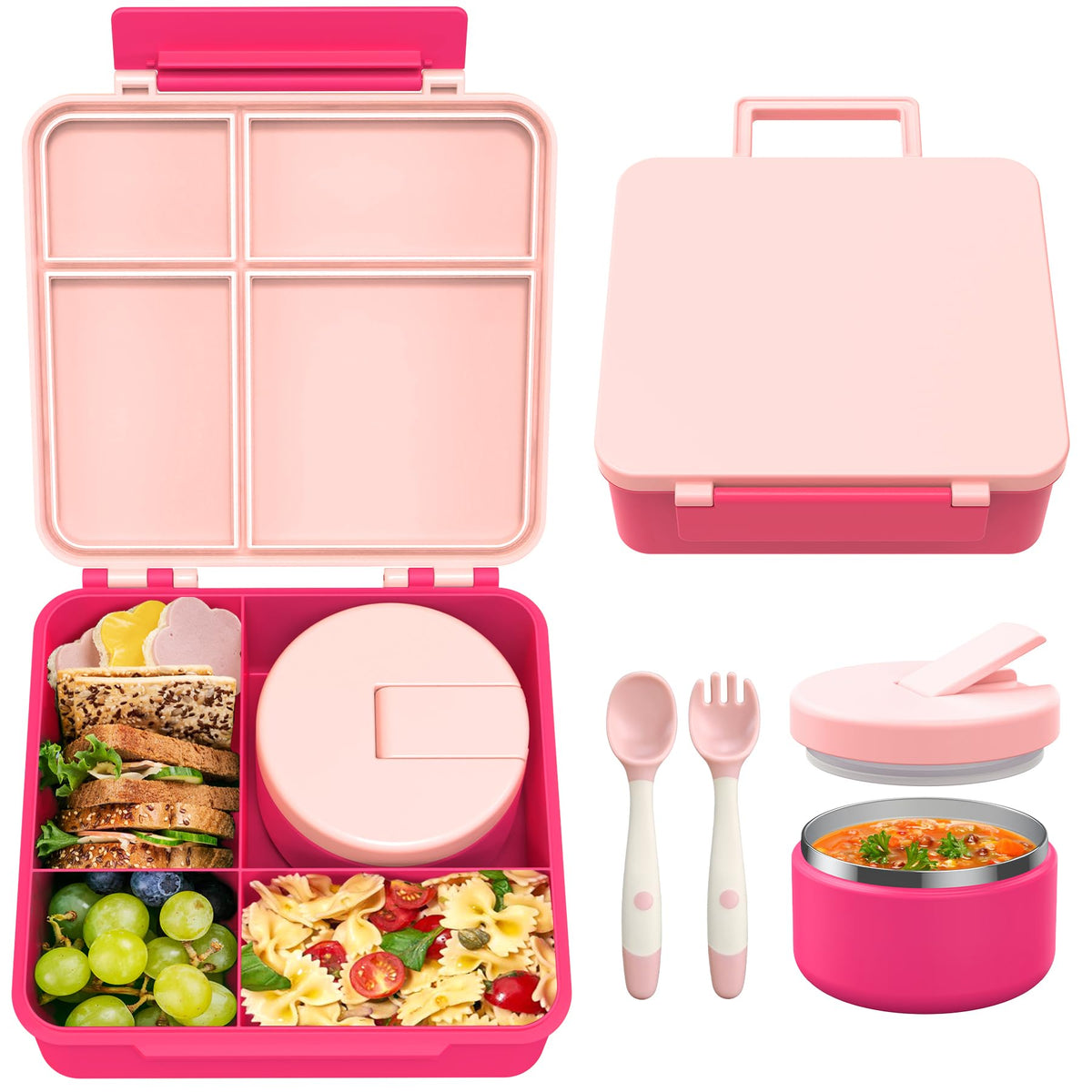 LOHASOK front view of pink bento set showing all pieces and organized meals