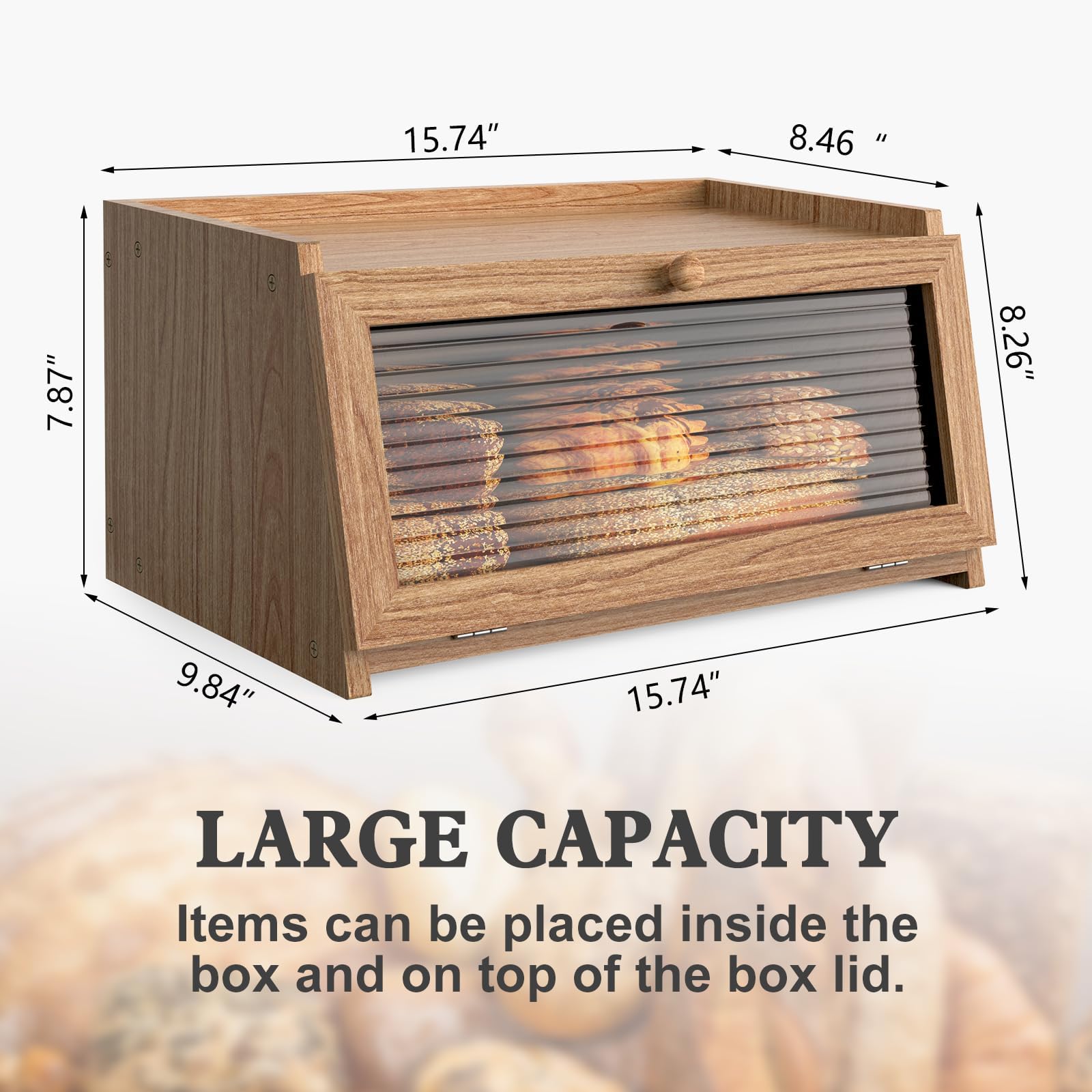 LOHASOK bread box beside kitchen tiles showing scale and compact footprint