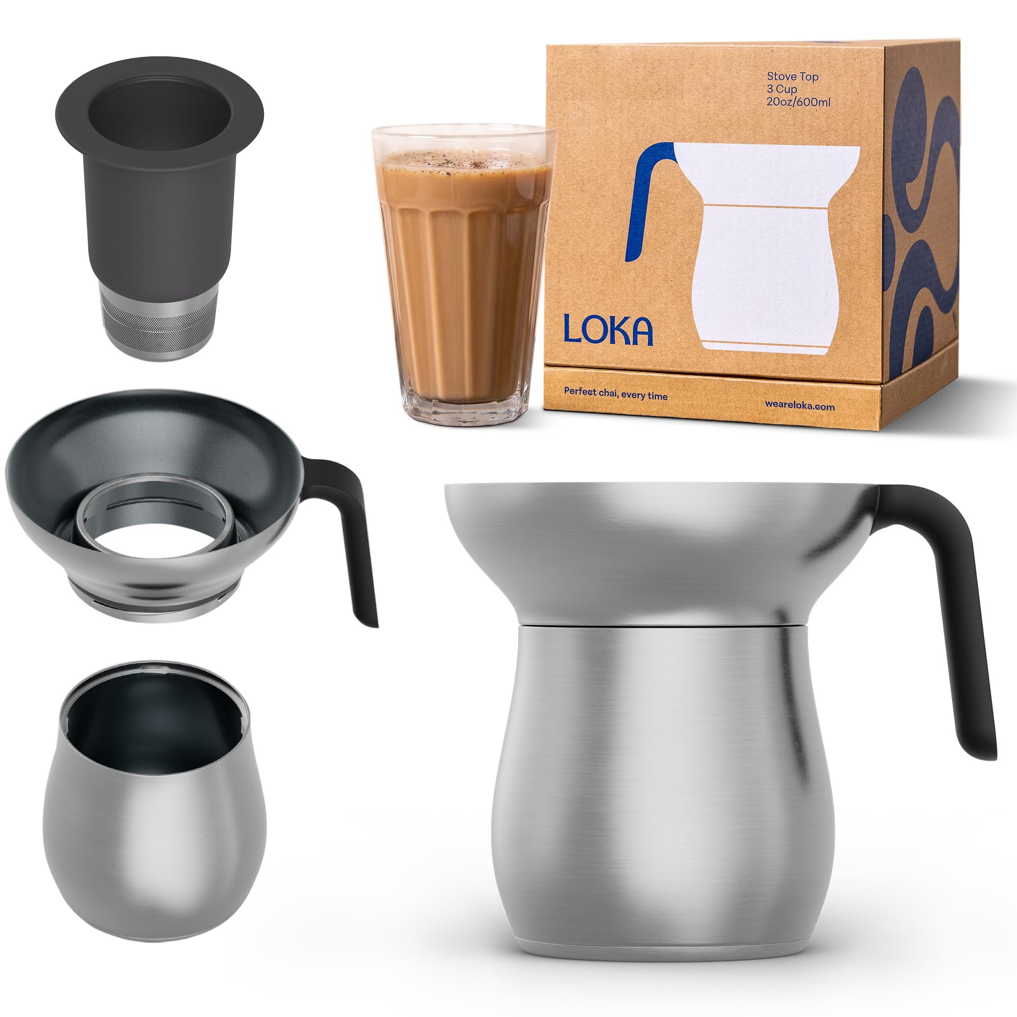 Loka chai maker front view showing teapot form and sturdy base for even heat