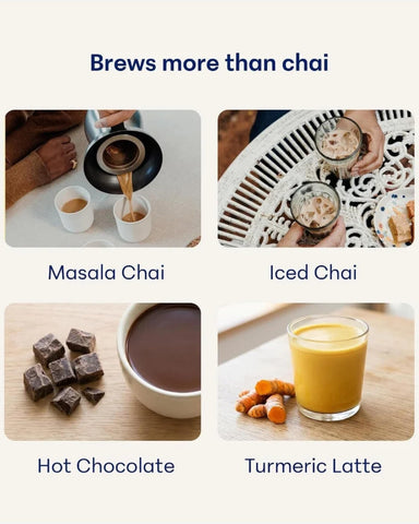 Loka chai maker with loose spices and tea showing blend compatibility benefit