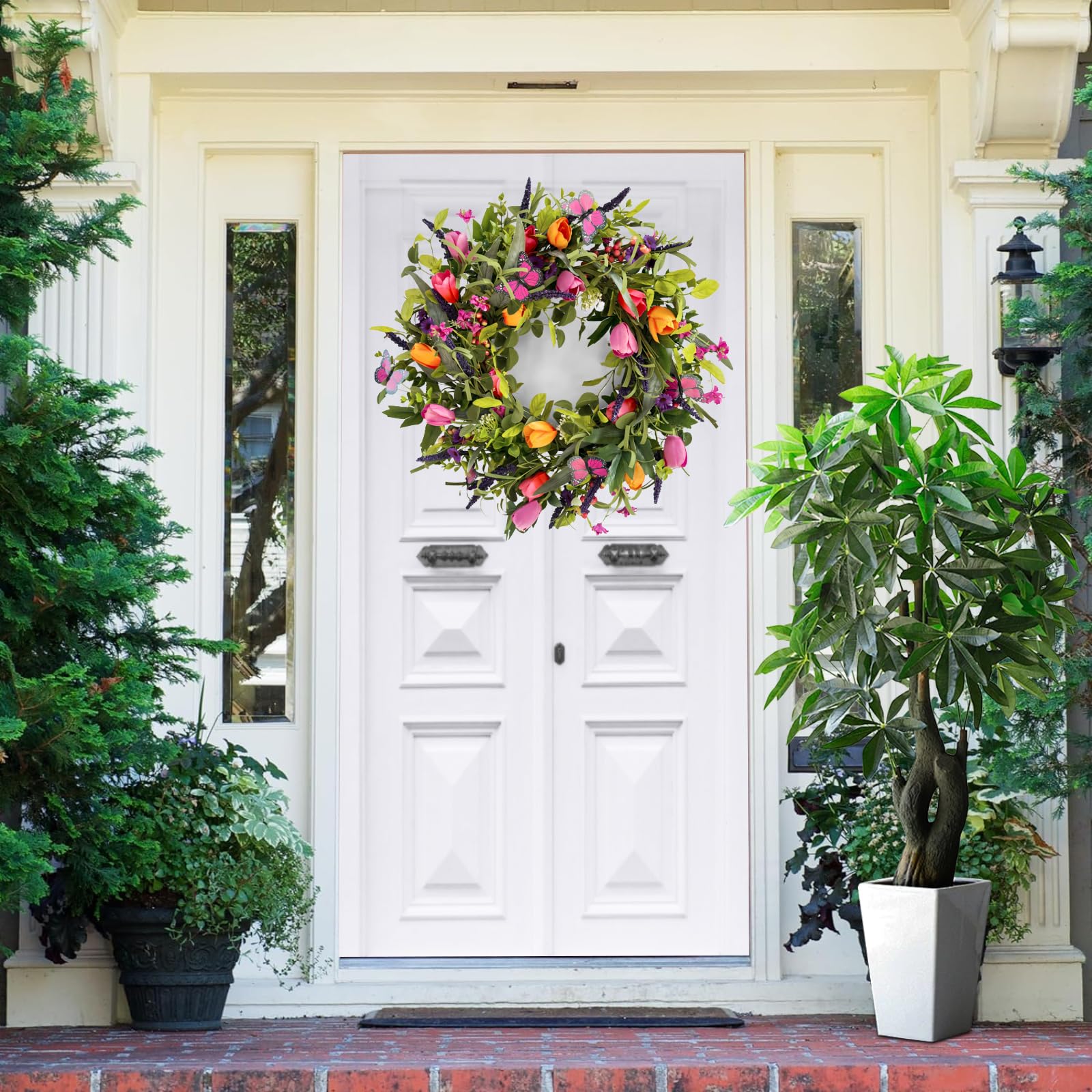 lokeisna wreath on door showing correct scale and easy hanging benefit