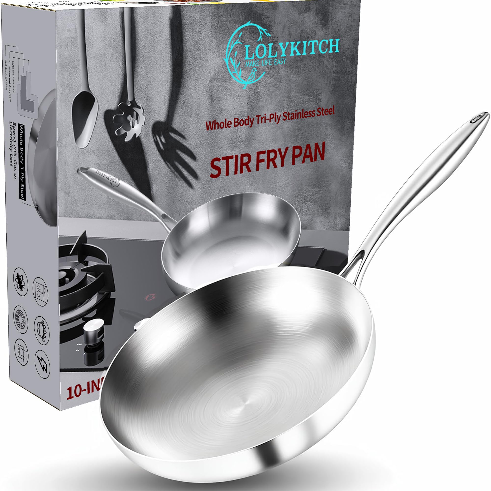 LOLYKITCH 10 inch pan front view showing polished stainless steel and rim for even heating