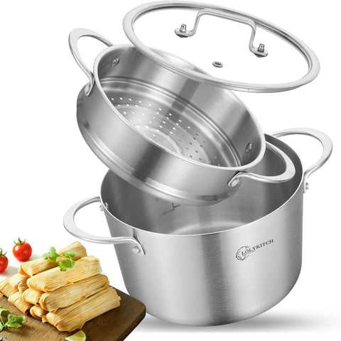 LOLYKITCH front view of 5-quart steamer pot showing capacity and design benefits
