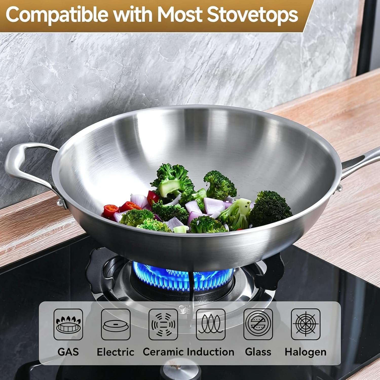 LOLYKITCH wok in use stir-frying vegetables demonstrating large capacity
