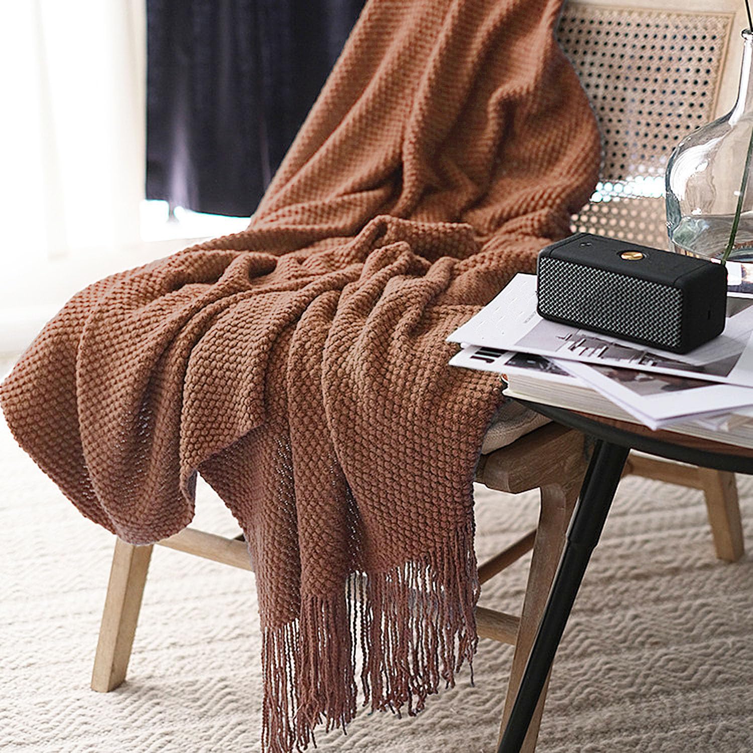 LOMAO styled on bed in bedroom scene adding cozy home decor