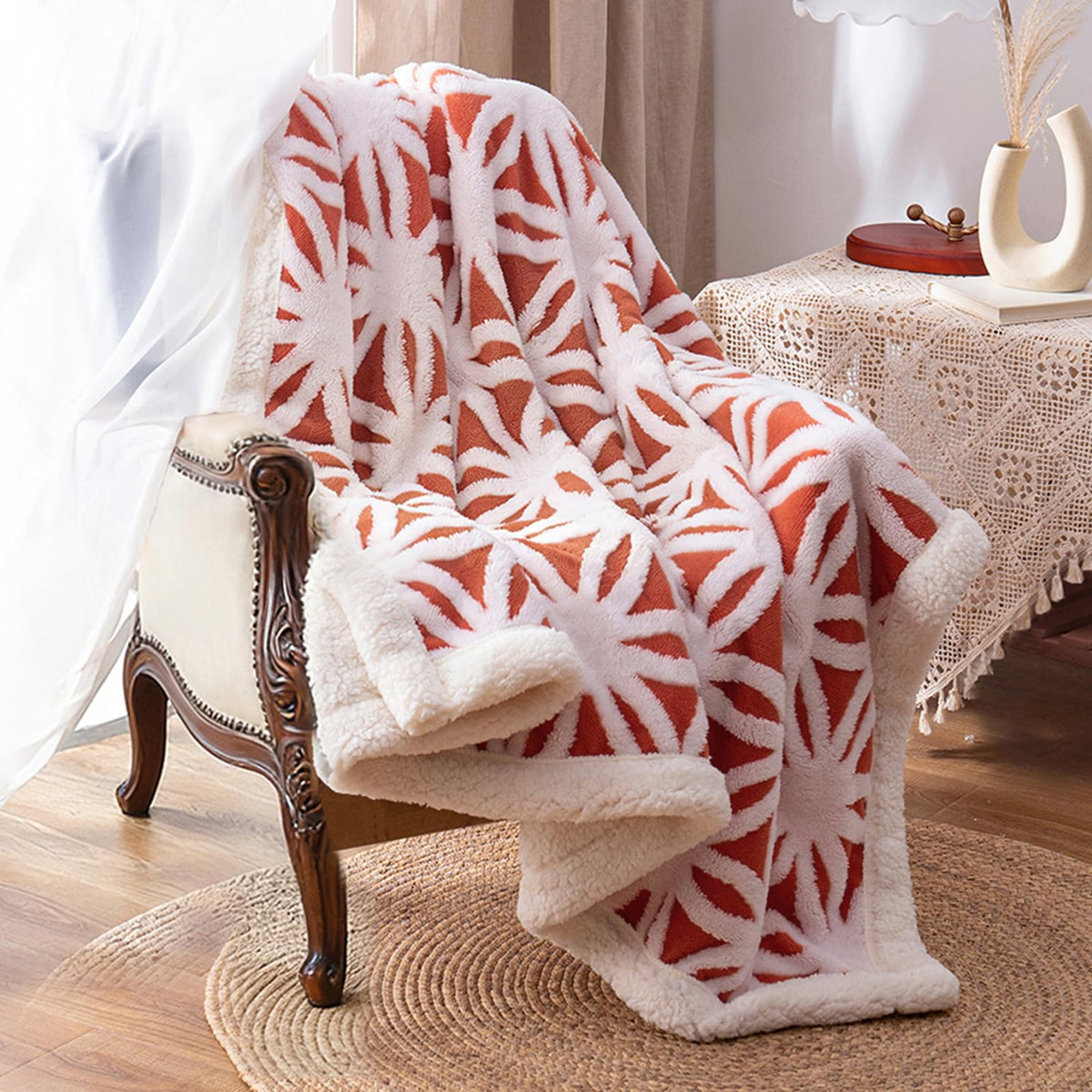 LOMAO coral throw front view showing smooth fleece and color benefit
