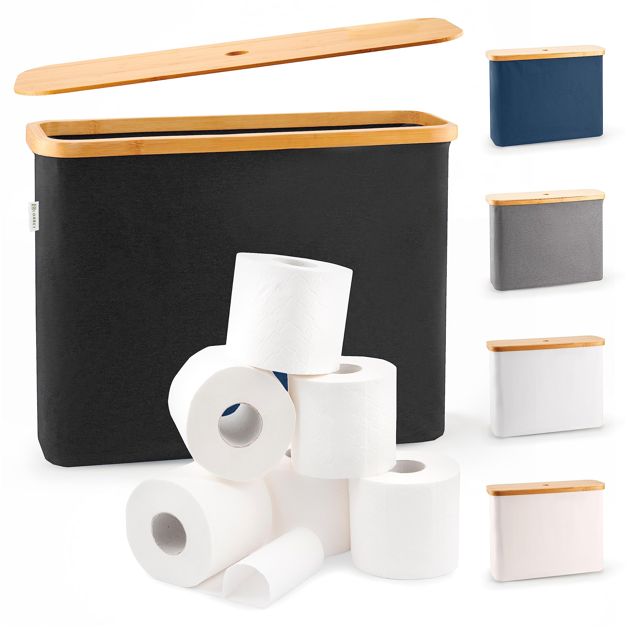 Lonbet basket front showing bamboo lid and tidy bathroom organization