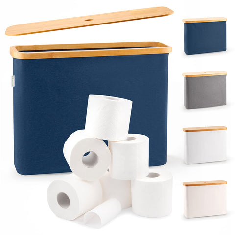LONBET front view of blue storage basket showing sleek shape and bamboo lid for tidy storage