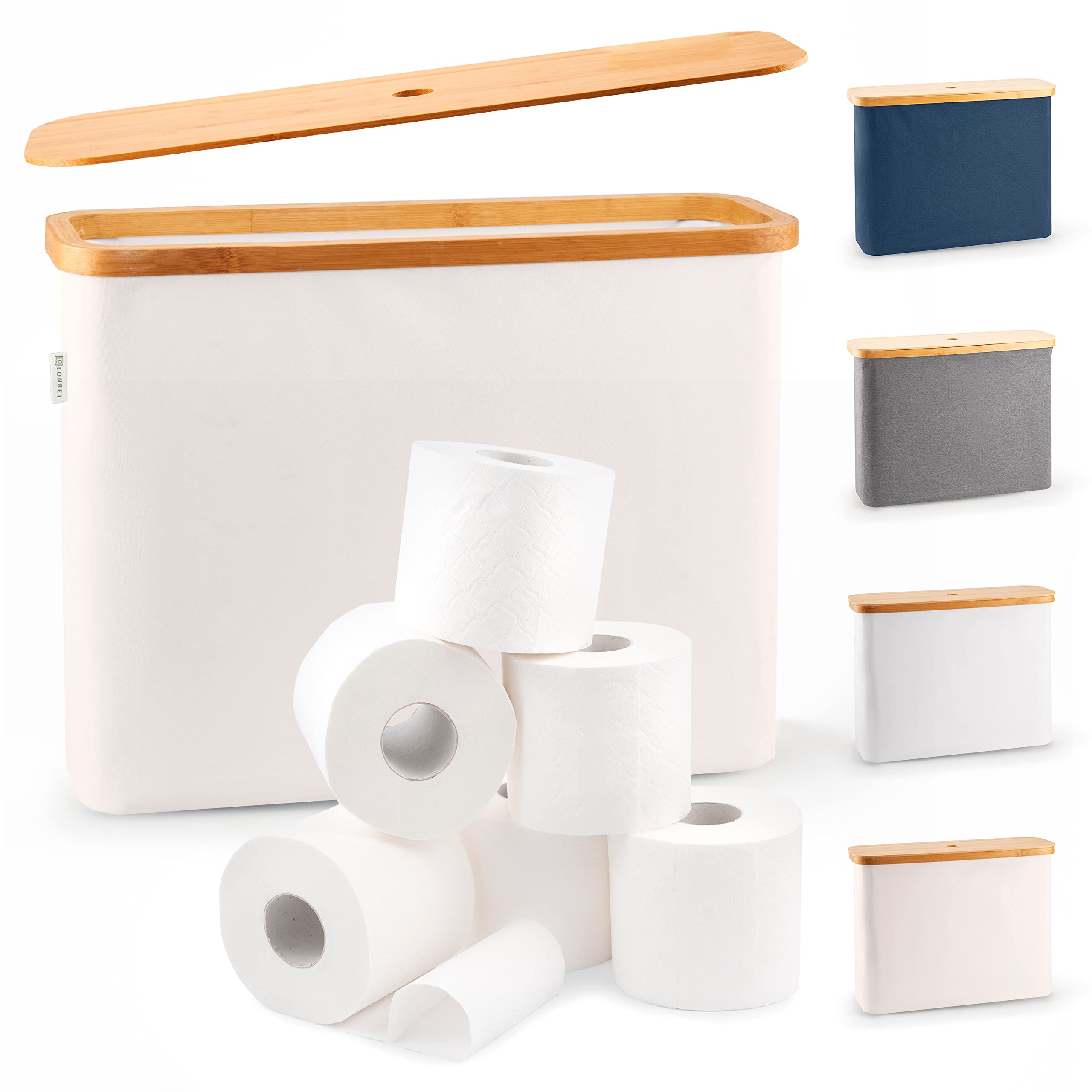 LONBET front view showing bamboo lid and beige waterproof basket for organized storage