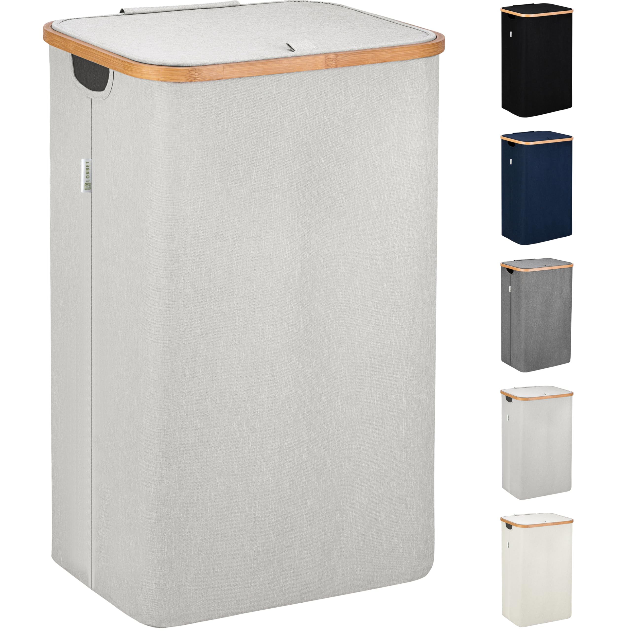 Lonbet front view of light gray laundry basket showing tidy design and lid benefit