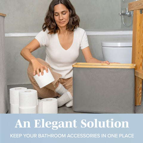 Lonbet basket on bathroom shelf with toiletries for organized storage benefit