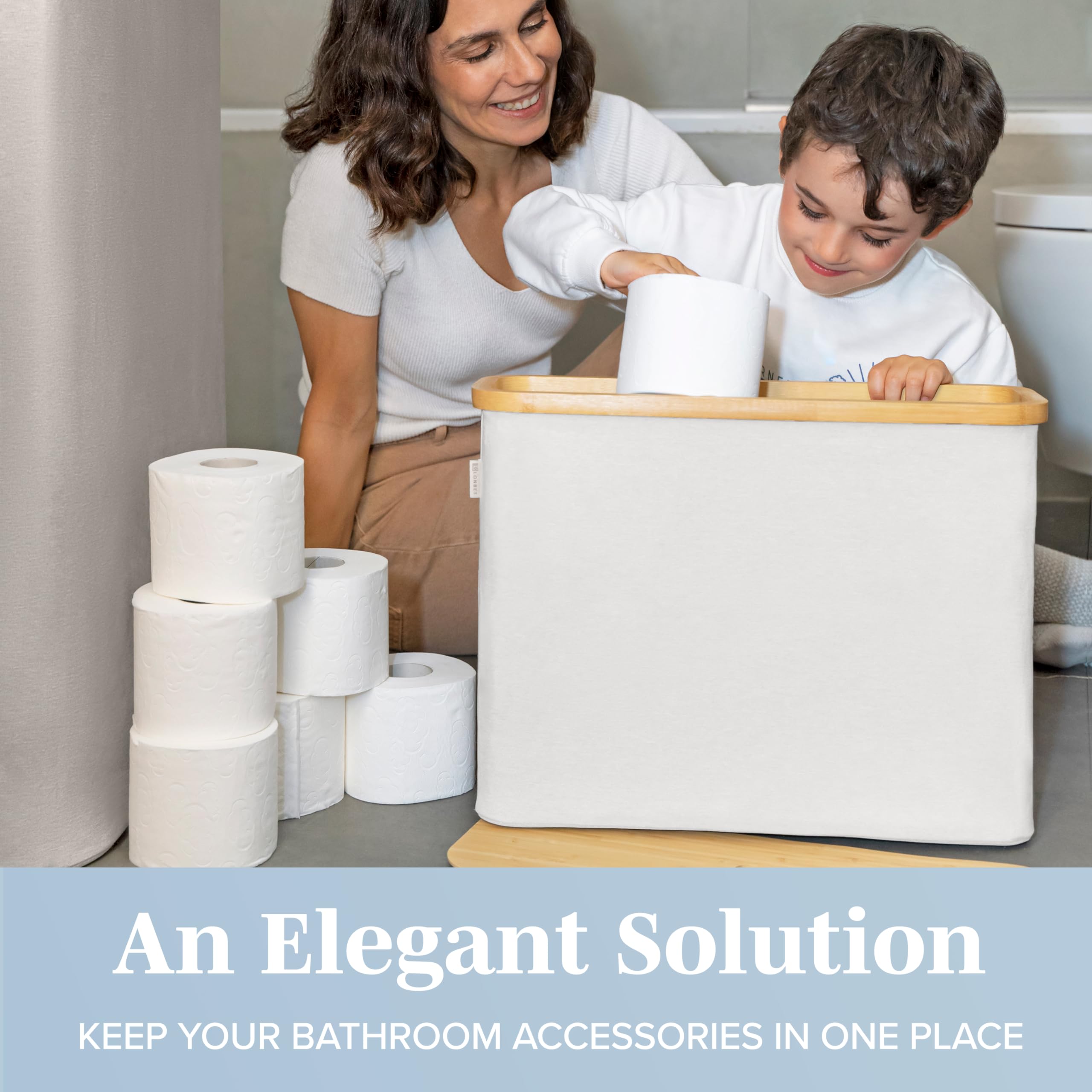 Lonbet basket styled in bathroom demonstrating organized, attractive storage