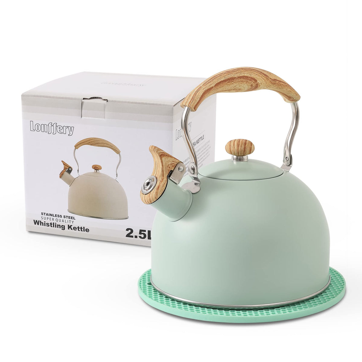 Lonffery kettle front view showing polished stainless steel and capacity benefits