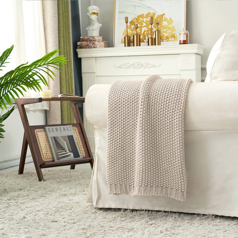 Longhui bedding close-up chunky cable knit texture for tactile comfort benefit