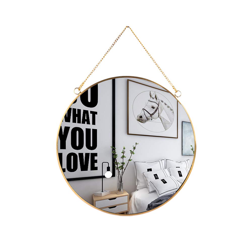 LONGWIN gold mirror front view showing round frame and reflective glass benefit: brightens room