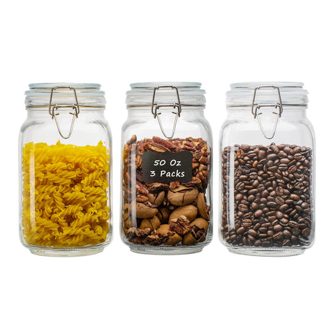 LOOIOOJ three-pack front view showing square glass jars and clamps for organized storage