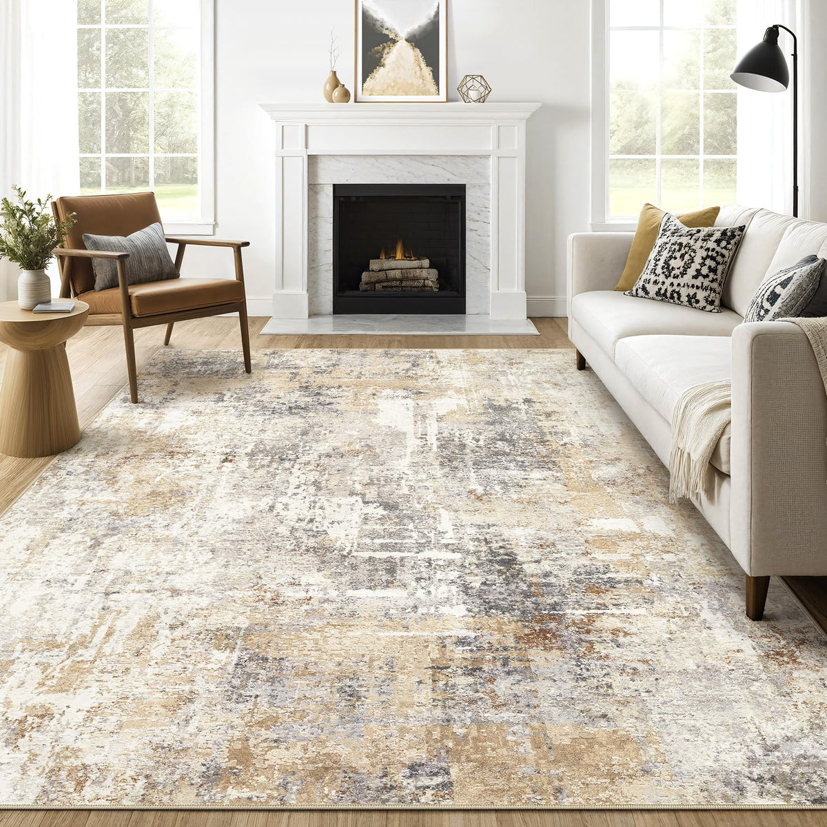 LOONGRUG front view showing modern neutral pattern and room anchoring benefit
