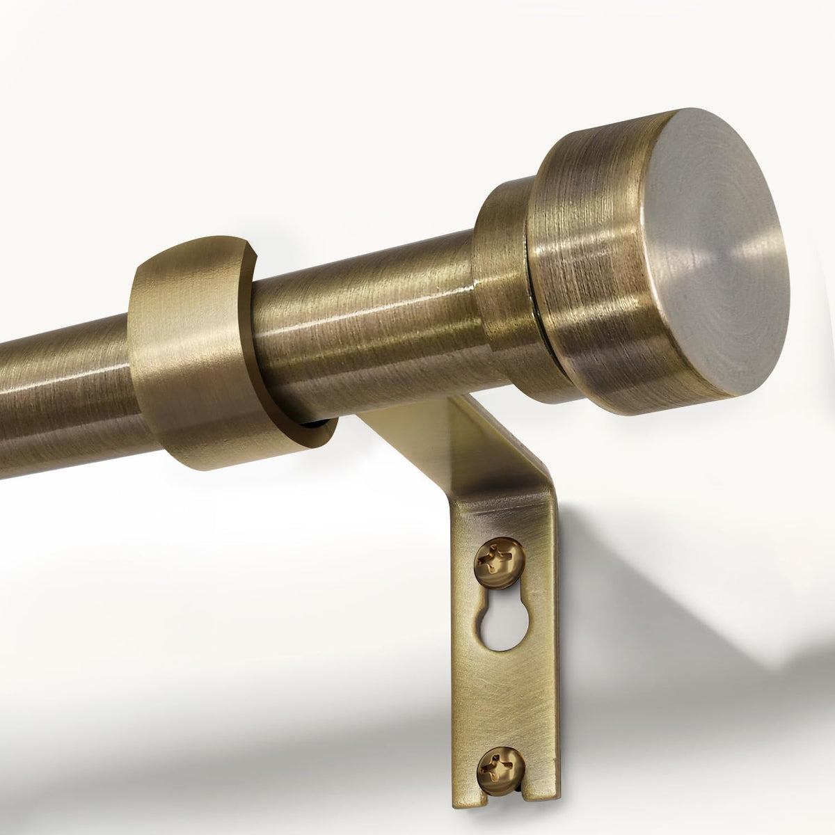 Lootkell front view of antique bronze curtain rod showing classic styling and stability