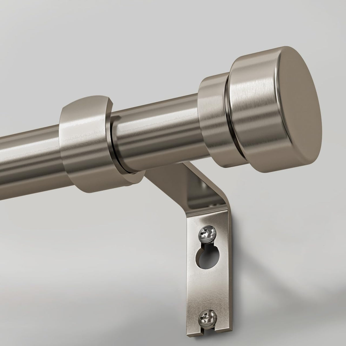 Lootkell front view of brushed nickel curtain rod showing sleek finish and modern look