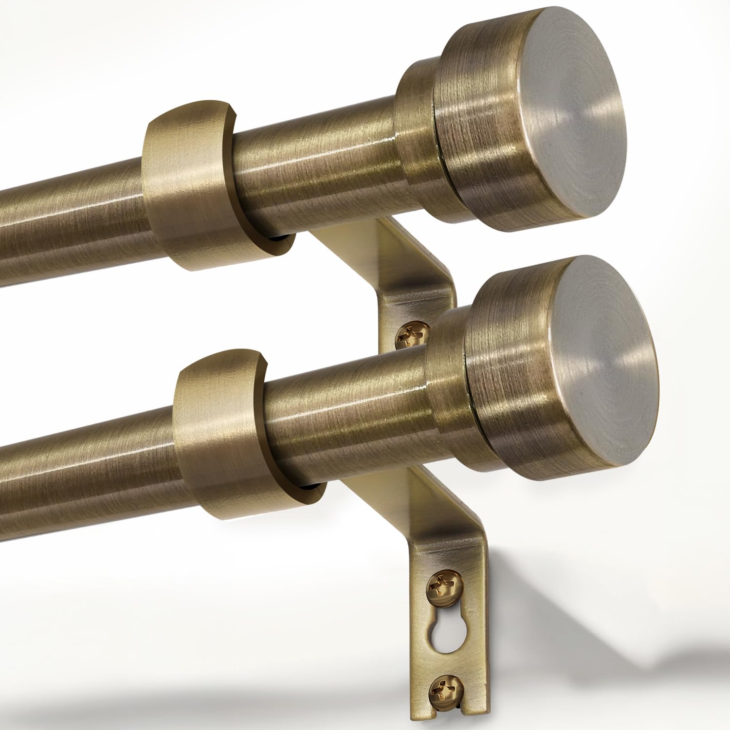 Lootkell front view pair showing adjustable bronze rods and finials enhancing windows
