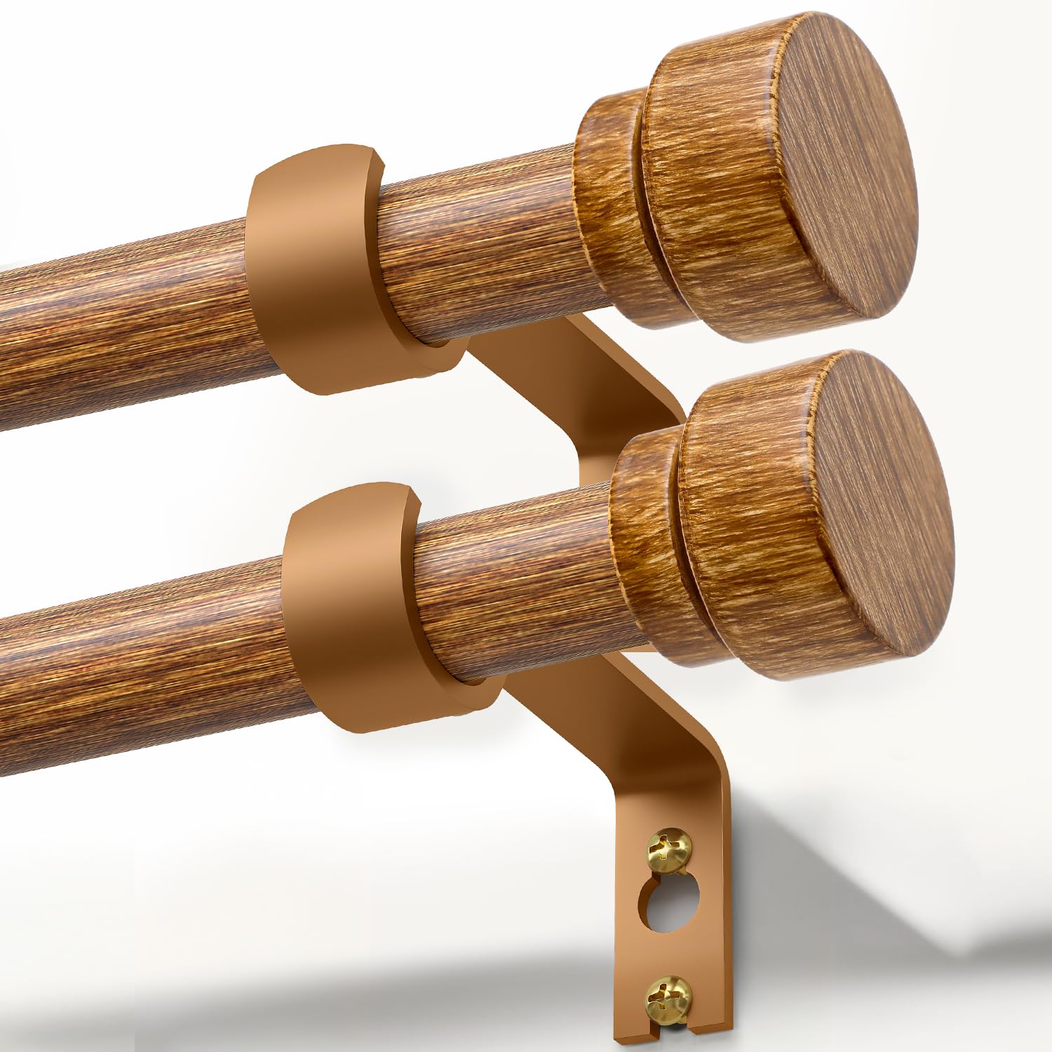 Lootkell front view of both rods showing wood-grain finish and decorative ends, adds warmth