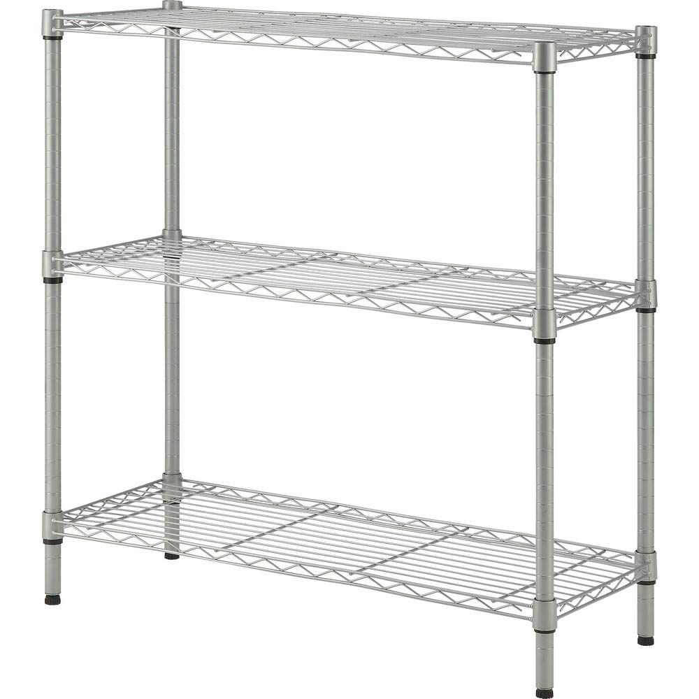 Lorell shelving front view showing three silver wire shelves and steel posts for tidy display