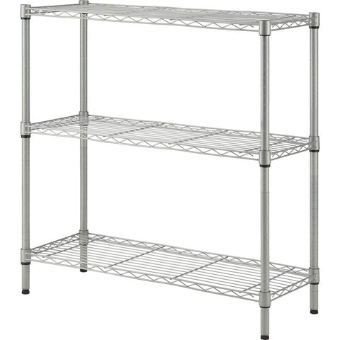 Lorell shelving front view showing three silver wire shelves and steel posts for tidy display