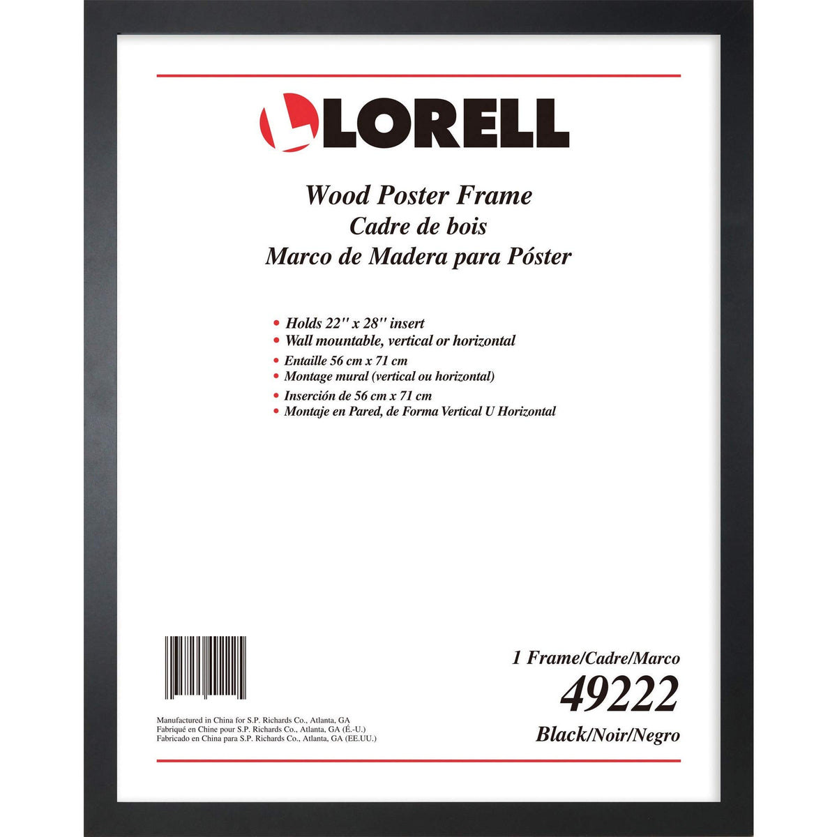 Lorell solid wood poster frame front view showing black border and 22x28 poster fit for clean presentation