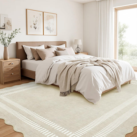 LORWER folded rug beside washing machine showing machine-washable convenience