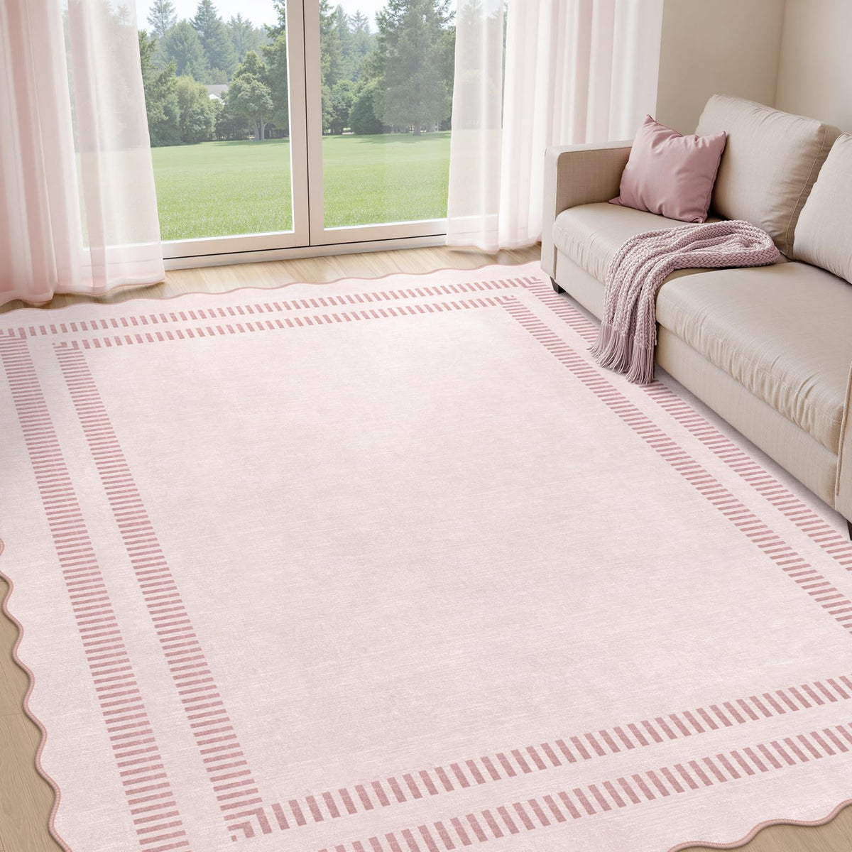 LORWER pink rug full room view showing soft aesthetic and cohesive decor benefits