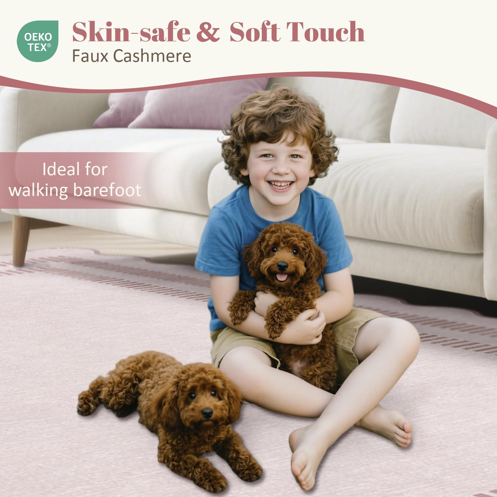 LORWER pink rug size comparison beside sofa illustrating 8x10 scale and placement
