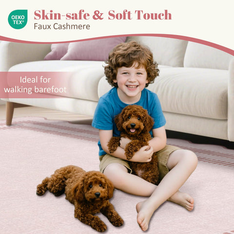 LORWER pink rug size comparison beside sofa illustrating 8x10 scale and placement