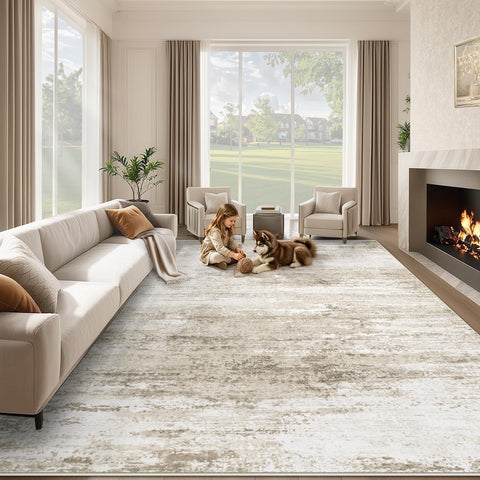 losbulake front view of beige 8x10 rug showing modern abstract design and calm tone